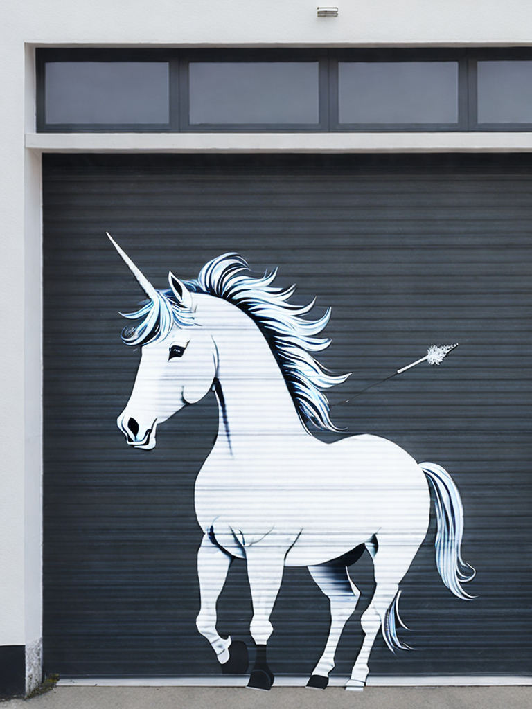 00152-4086062923-a black and white photo of a painting of a unicorn holding a wand in front of a garage door by Banksy.png